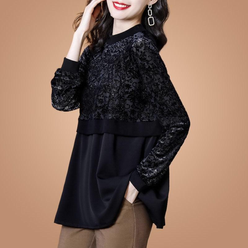 

2020 Spring Fall Fashion Womens Stand Collar Loose Velvet Floral Patchwork Black Blouse Top Shirt , Woman 3xl Velour Blouses, As pic
