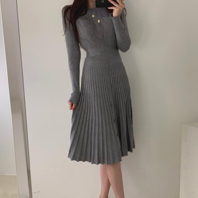 

Casual Dresses Fashion Slim Wild Solid Stretch Single Breasted Long Sleeve Round Knitted Pleated Dress Grey Vestido Mujer Bottom Sweater, Black;gray