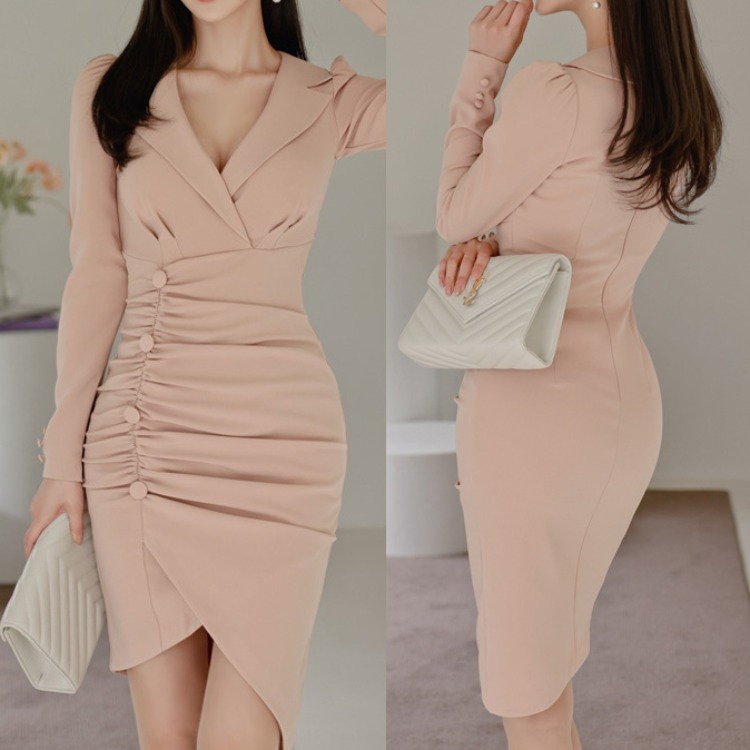 

2021 Winter New Elegant Socialite Thin Adjustment Length Suit Collar Plied Hem Dress 61XD, Card powder