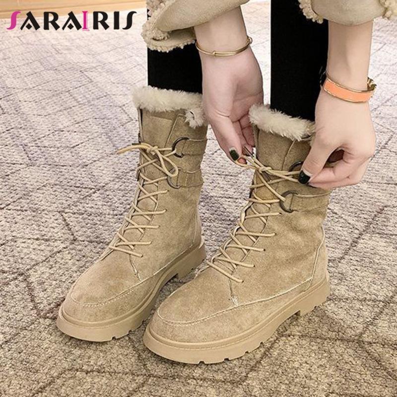 

SARAIRIS New Fashion Female Warm Fur Casual Boots Ankle Boots Women Round Toe Platform Chunky Heels Lace Up Plush Shoes Woman1, Black