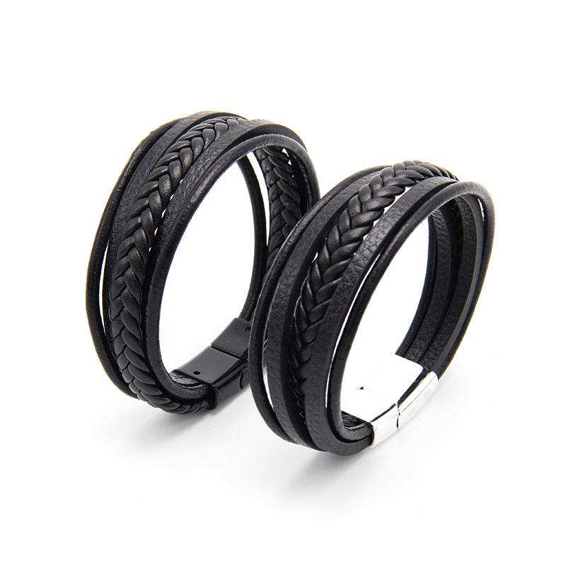 

Luxury Classic Genuine Leather Bracelet Men Hand Charm Jewelry Multilayer Magnet Handmade Cool Boys Gift 2020