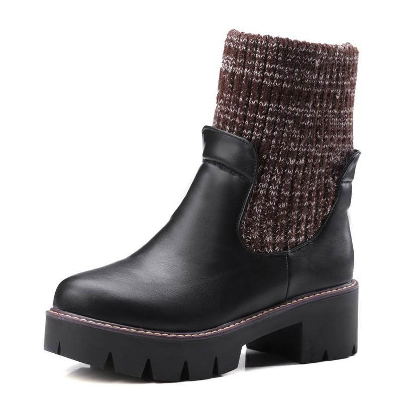 

Big Size Winter Boots Women Thick Heels Ankle Boots Platform Casual Shoes Woman Wool Boot Shaft Plus Size 34-43 XKD2047, Black