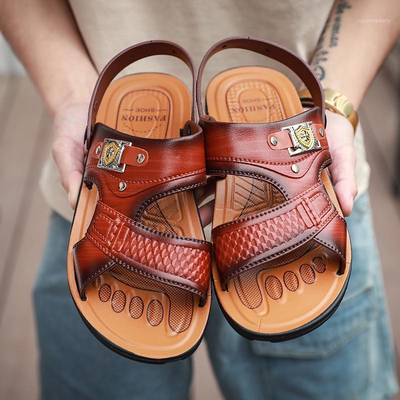

Summer Sandals Men Genuine Leather Casual Shoes Man Roman Style Beach Sandals Slippers sandalias hombre1, Dark brown