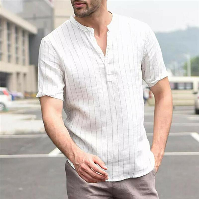 

Plus Size Men Linen Striped Fitness Shirts Summer Casual Slim Blouse Cotton Shirts Men Short Sleeve Shirt Camisa Hombre 2020 Top, Gray