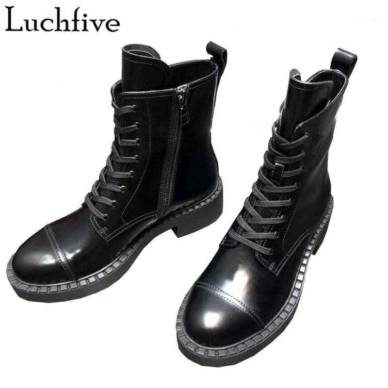 

Fashion Genuine Leather Women Boots Lace Up Shoes Woman Round Toe Boots Femme Sexy Zipper Black Ankle1, Black 2