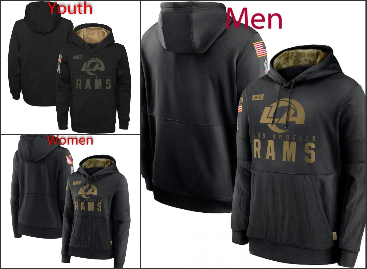

Los AngelesRamsSalute to Service Men Women Youth Black Pullover Performance Hoodie, Black;red