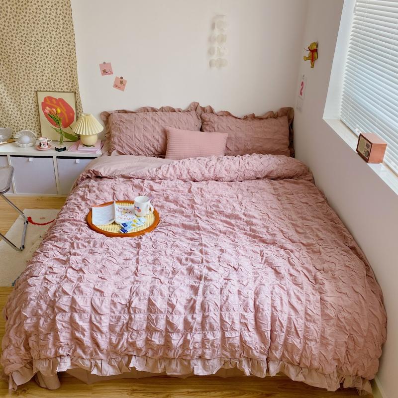 

White Pink Lace Design Washed Cotton Supple Bedding set Duvet Cover Bed Linen Fitted Sheet Pillowcases King Queen size 4PCS