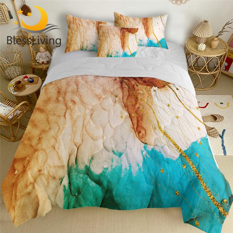 

BlessLiving Marble Texture Quilt Set Liquid Golden Air-conditioning Comforter Alcohol Ink Bedding Watercolor Duvet 4pcs edredon