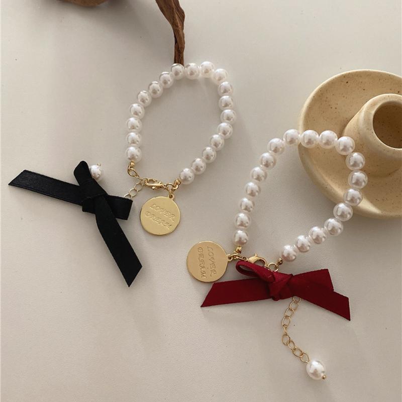 

New Elegant Black Wine Red Color Bow Adjustable Bangle Pearl Bracelet Round Letter Bracelet For Women Girls Party Jewelry