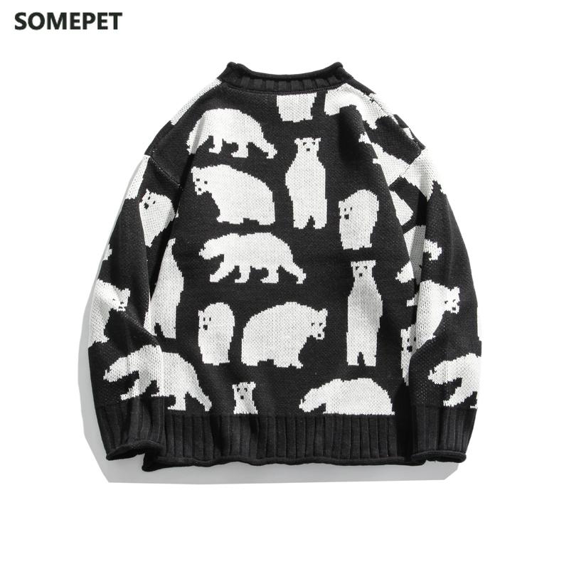 

Men Sweater Vintage Polar Bear Pattern Hip Hop Streetwear Harajuku O-neck Oversize Pullover Sweter Acrylic Casual Male Sweaters, Black