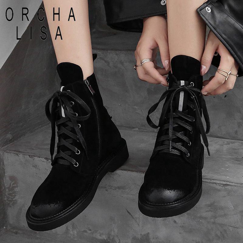 

ORCHA LISA Winter Genuine leather Women ankle boots Cow suede warm fur Black Lace up low heel Boots Solid Autumn high top shoes