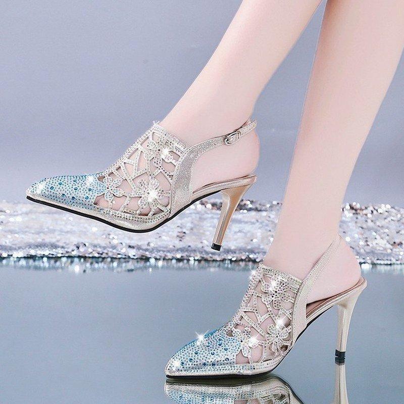 

2021 Summer Women's Fashion Sandals Pointed-Toe Crystal Buckle High Heels Party Mesh Rhinestone Ladies Shoes Zapatillas Mujer, Black