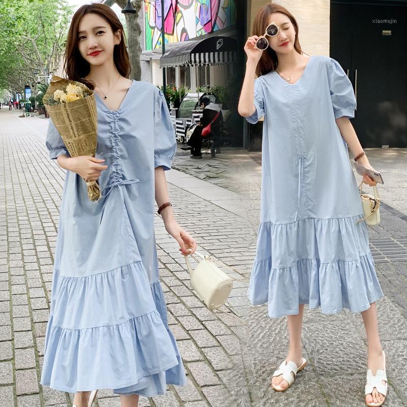 

Blue White Maternity Loose Dress Chiffon 2020 Summer V-Neck Bust Tie Wild Mid-length Large Size Maternity Dress1