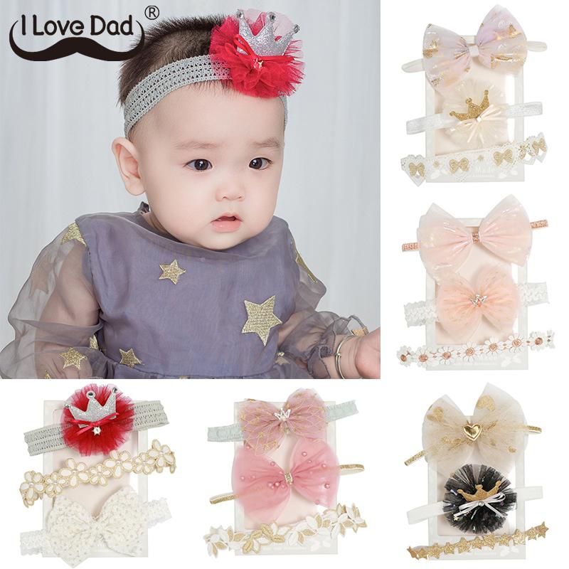 

3 Pcs/Set Baby Headband Lace Flower Crown Newborn Headbands Hair Bands For Girls Bows Princess Kids Turban Baby Hair Accessories, Set1