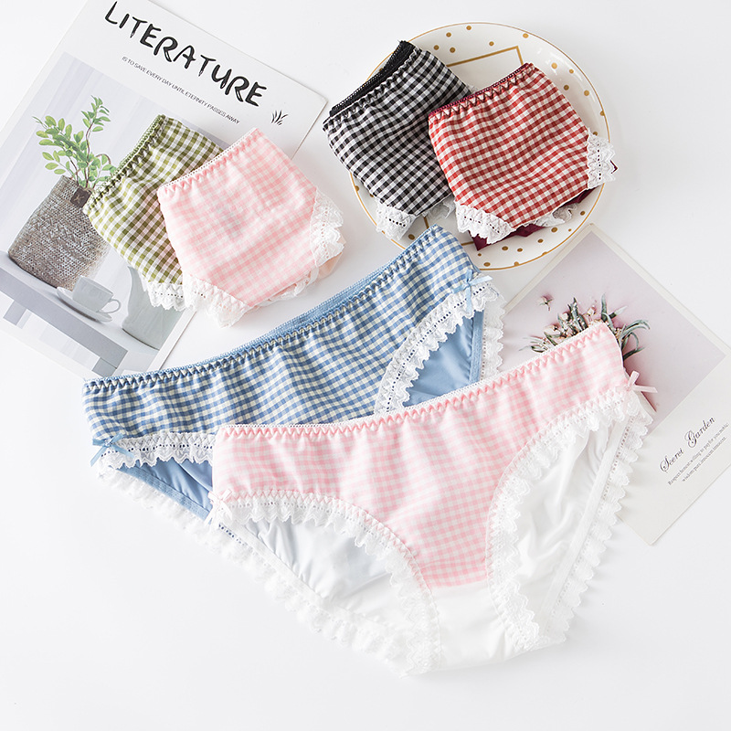 Colorful Grid Women&#039;s Underpants Lace Panties Bow Seamless Thong Comfort Underwear Milk Silk Lingerie Low Rise Briefs-image-625651825