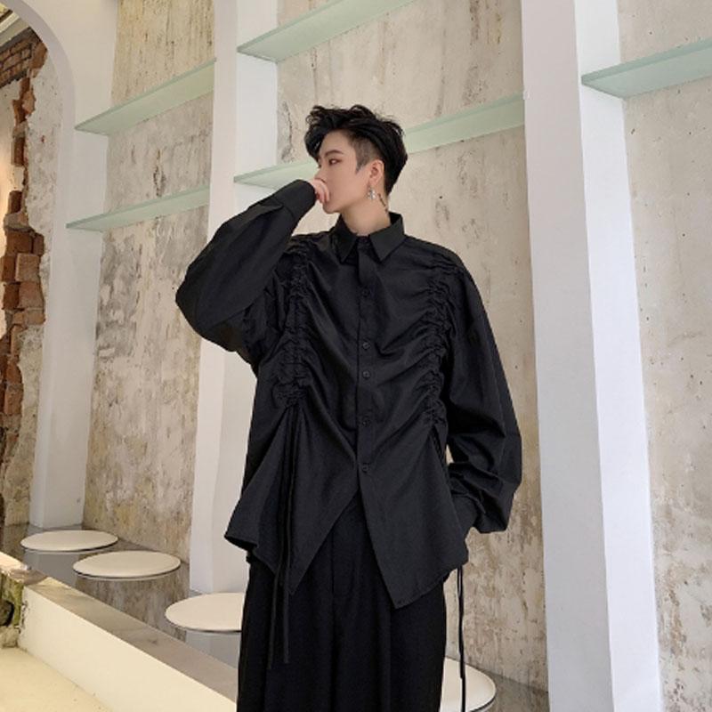 

Men autumn white black pleated vintage shirts hip hop blusa masculina nightclub party casual dress shirts for man