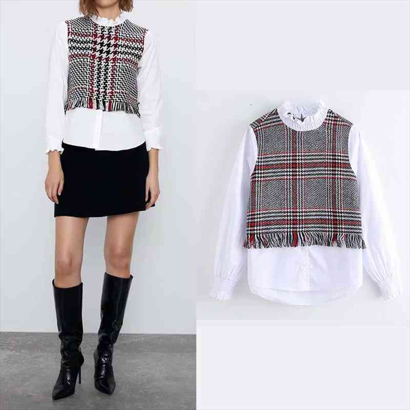 

women za shirt plaid print patchwork elegant ruffled blouse long sleeve tassel womens and blouses, White