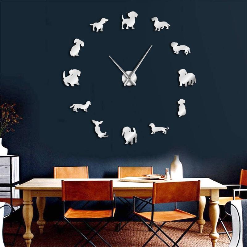 

DIY Mirror Effect Dachshund Wall Art Wiener-Dog Puppy Dog Pet Frameless Giant Wall Clock With Sausage Dog Large Clock Watch