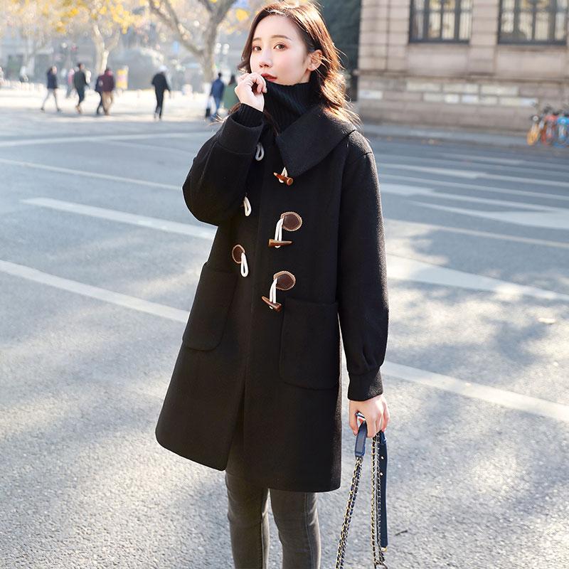 

Women' mid-length woolen coat autumn and winter horns buttoned woolen casual fashion loose coat, Black