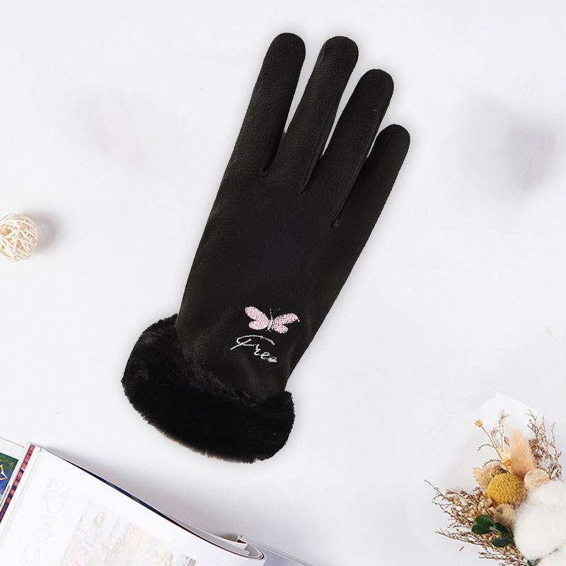 

Women's Suede Warm Gloves With Butterfly Print Index Finger T-ouch Screen Solid Color Full Finger Gloves New Cartoons #YJ