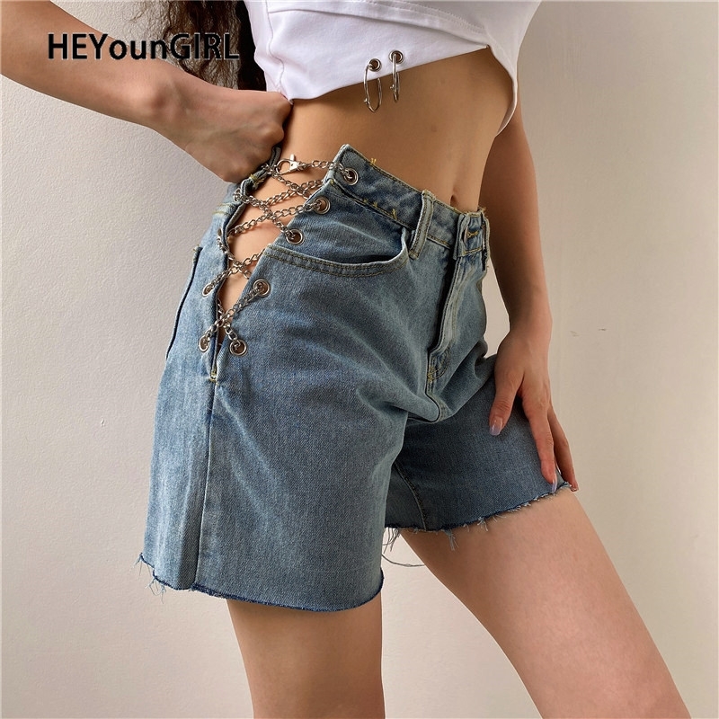 

HEYounGIRL Size Split Metal Chain Denim Shorts Women Sexy Hollow out High Waist Short Pants Korean Summer Blue Jeans Streetwear Y200822
