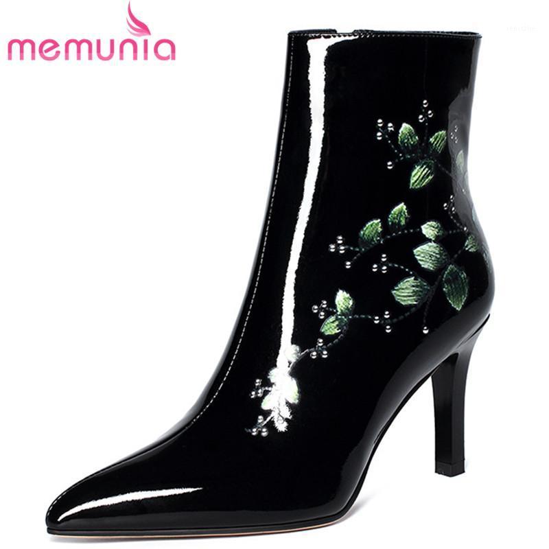 

MEMUNIA 2021 Top Quality Patent Leather Print Ankle Boots Women Thin High Heel Dress Party Shoes Ladies Boots Big Size 421, Black with fur