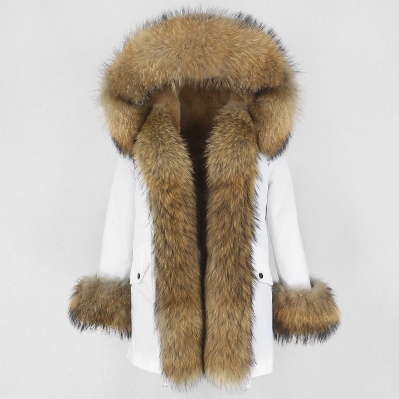 OFTBUY Nouveau Parka Imperméable Réel Manteau De Fourrure Veste D'hiver Femmes Naturel Grand Col De Fourrure De Raton Laveur Capuche Chaud Survêt