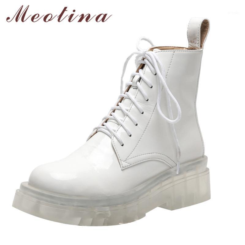 

Meotina Ankle Boots Women Shoes Real Leather Platform High Heel Short Boots Lace Up Thick Heels Lady Autumn Black Size 401