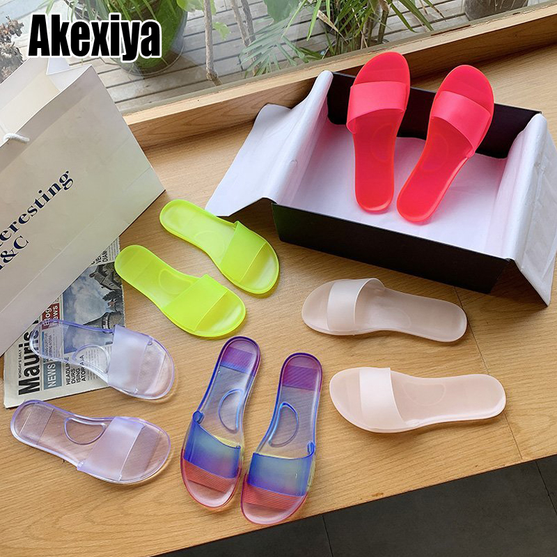 

2021 Women Jelly Slippers Summer Candy Colors Transparent Casual Slides Women's Fashion Slip On Flat Beach Indoor Outdoor Shoes J1205, Black