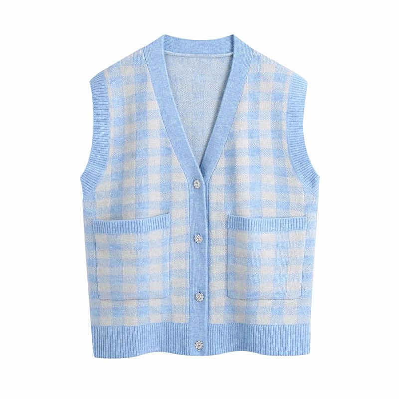 

2021 New Streetwear Blue Plaid Fashion Vest Ladies with Low-cut V-knit Tops Female Chic Pocket Cardigan VPHK, Sky blue