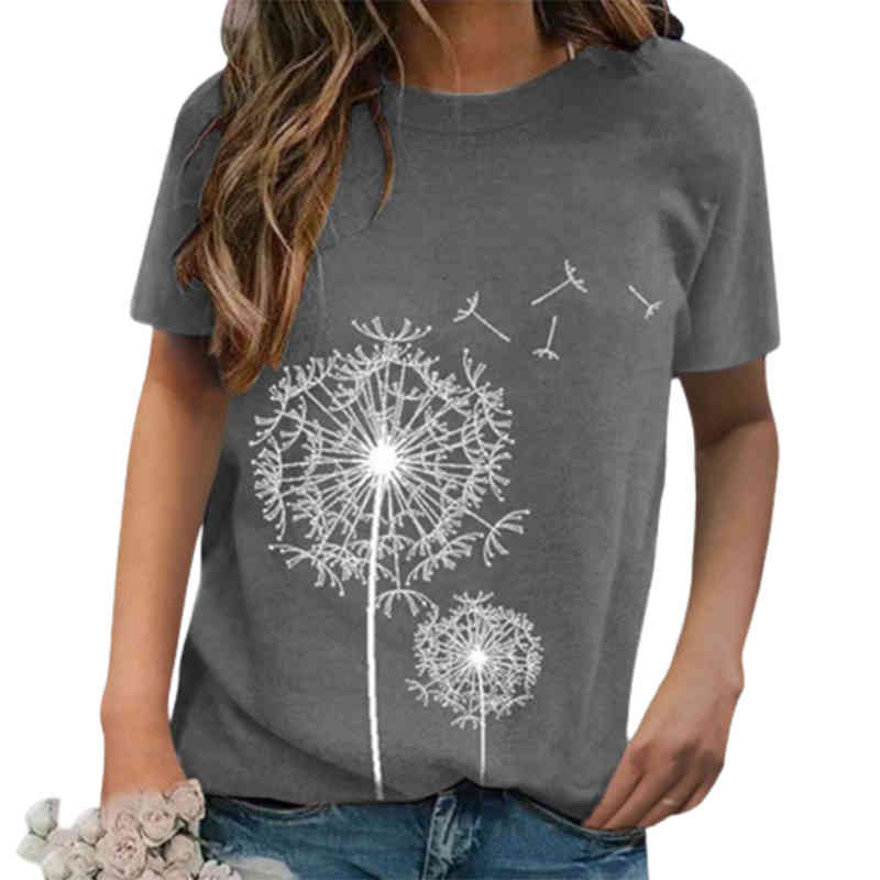 

Women T-shirt Dandelion Print Women Short Sleeve O Neck Loose Tee Shirt Tops Female Clothes Camisetas Mujer, White