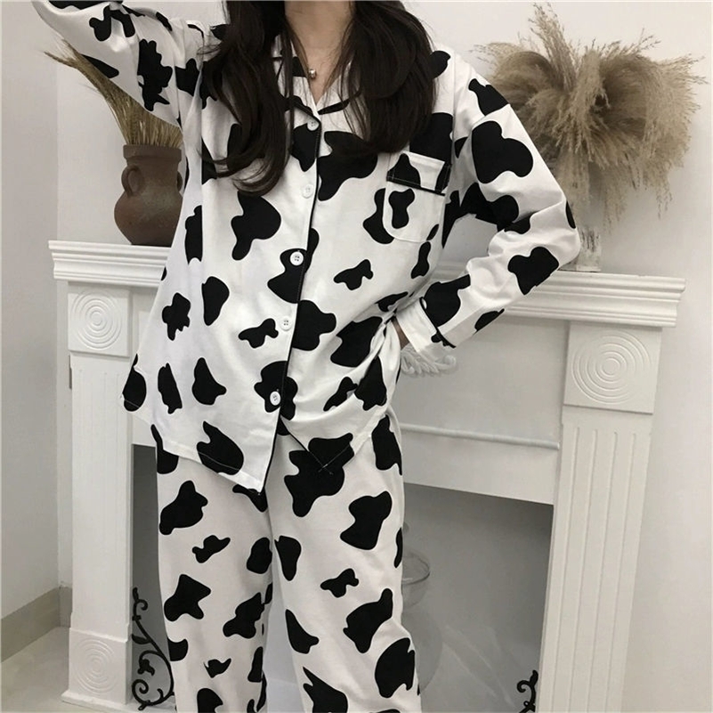 

Cow Print Pajamas for Women Cotton Home Suit Sleepwear Set Winter Pyjamas Women Homewear Pijama Mujer Home Clothes for Women 201113