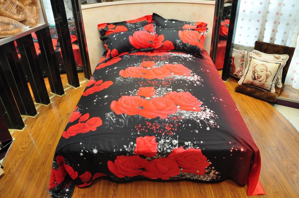 

Rose Printing Bedding Set 200*230cm Duvet Cover 4pcs of Bedding Sets Home Textile, As photo