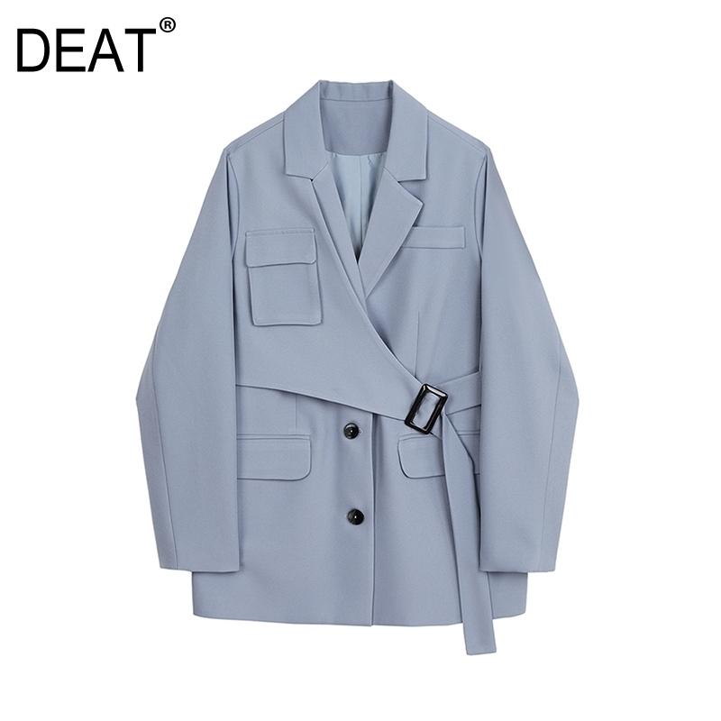 

DEAT Blazer Coat Women Solid Blue Patchwork Belt Design Office Lady Full Sleeve Notched Slim 2020 New Autumn Fashion TU823