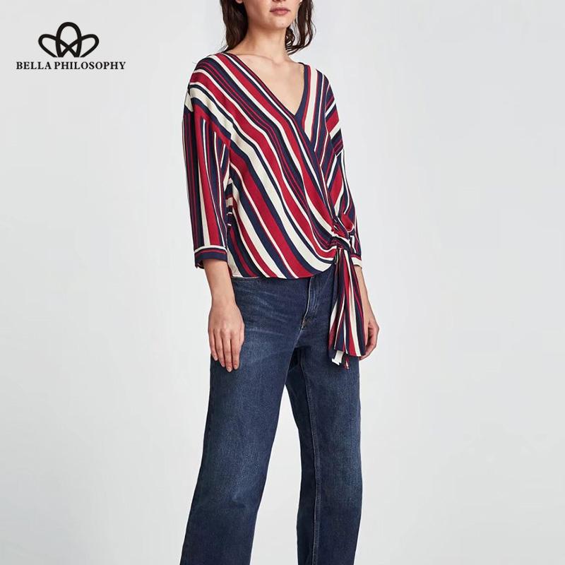 

Herstory 2021 women spring female casual striped blouse v neck three quarter shirts asymmetry slim fold fashion blusas, Multi