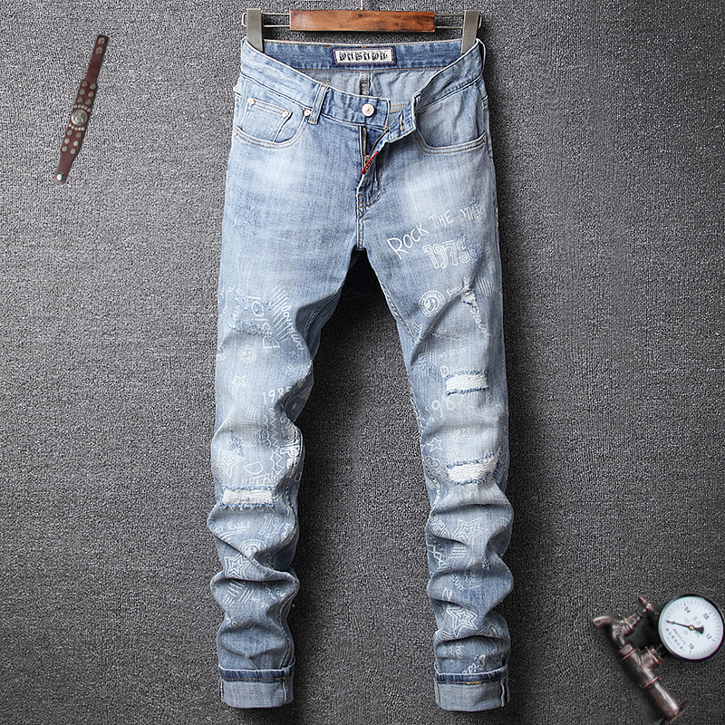 

2021 New High Quality Blue Light Streetwear Designer Jeans Slashed Hip Pants Ej40