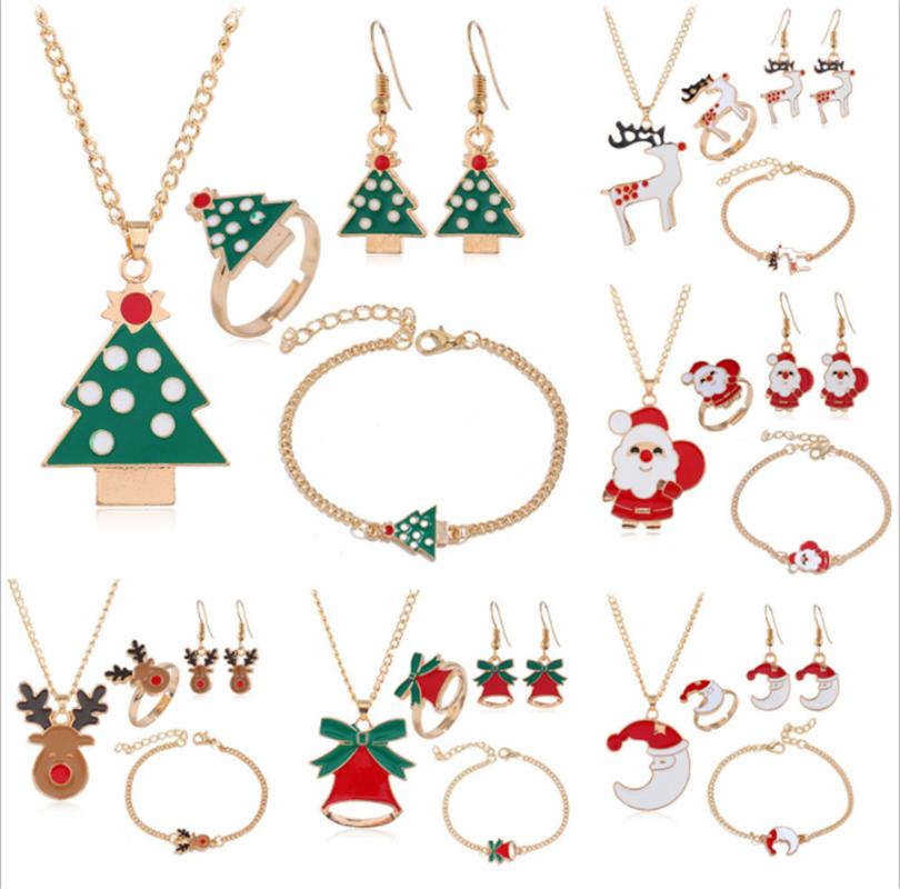 

Christmas Jewelry Set Ornaments Santa Claus snowman deer Earrings Necklace Ring Bracelet 1set as kids gift women kids jewelry, As pic