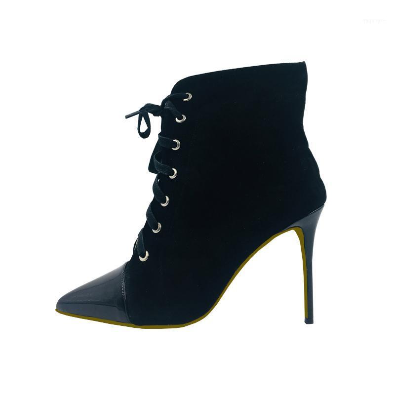 

Extra Size 34-45 Lace Up Black Suede Patent Leather Patchwork Thin High Heels Elegant Women Winter Ankle Boots1, Black 12cm