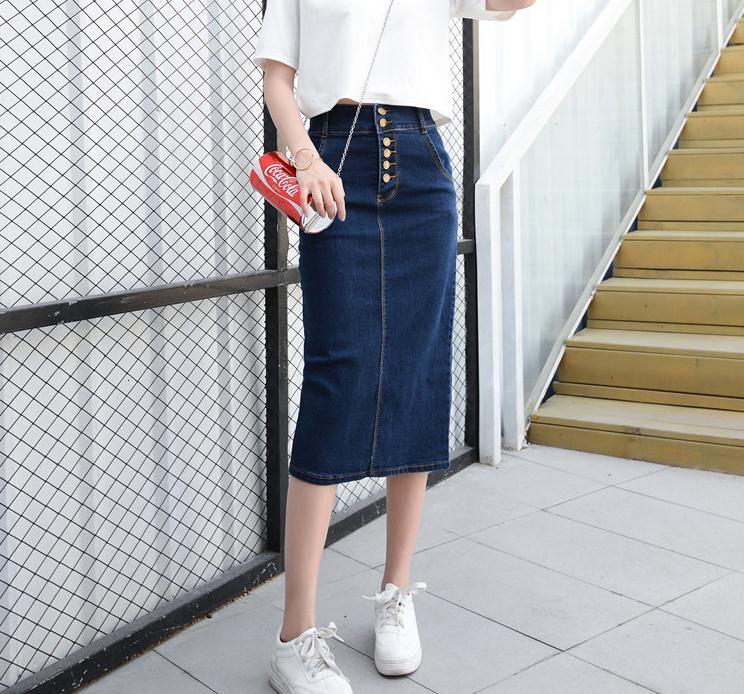 

High-stretch Denim Women Long Section Hip Step Partition Package Waist Skirt Plus Size S- Mu8z, Blue