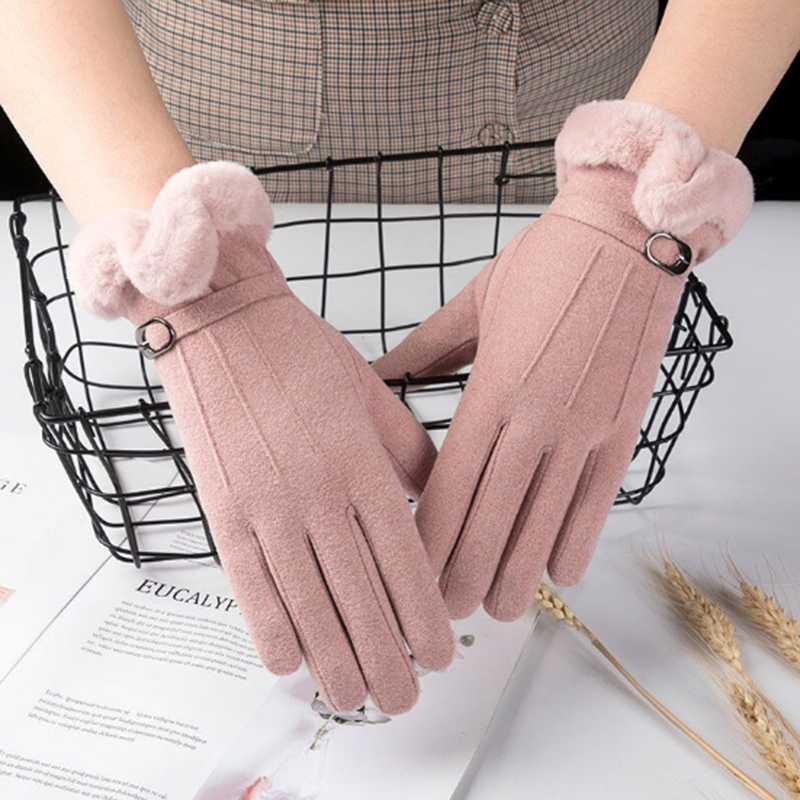 

Ladies winter gloves suede velvet warm finger gloves outdoor sports driving buckle design female touch screen