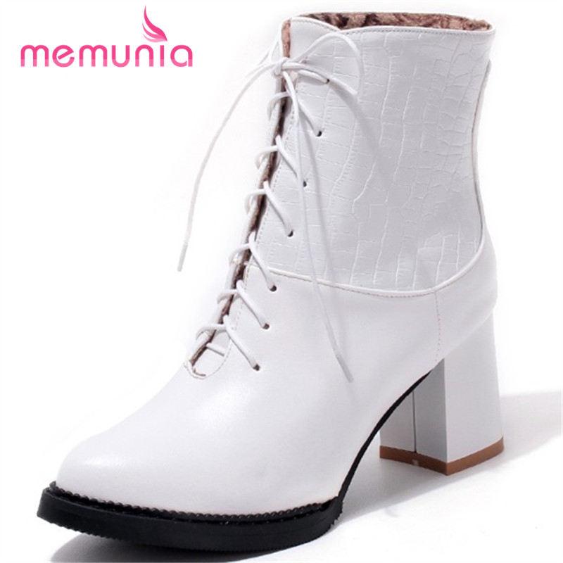 

MEMUNIA new arrive 2020 autumn winter high heel boots lace up ankle boots for women high quality pu leather size 33-43, Black