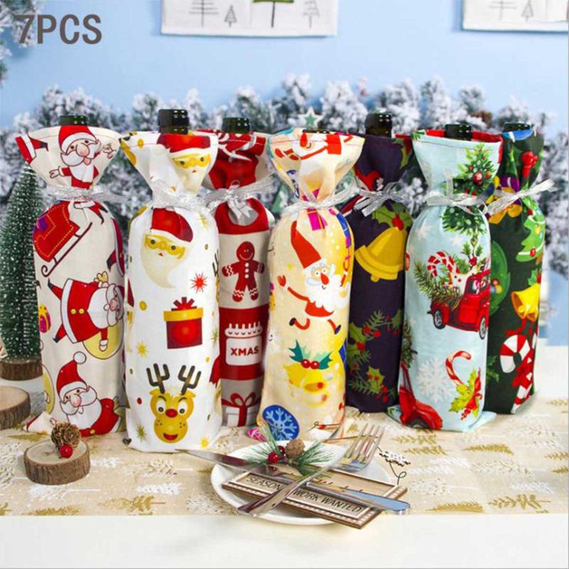 

7Pcs Faroot Merry Christmas Wine Bottle Bags Xmas Red Wine Bottle Cover Decorative Champagne Holder Decorations for Dining Table