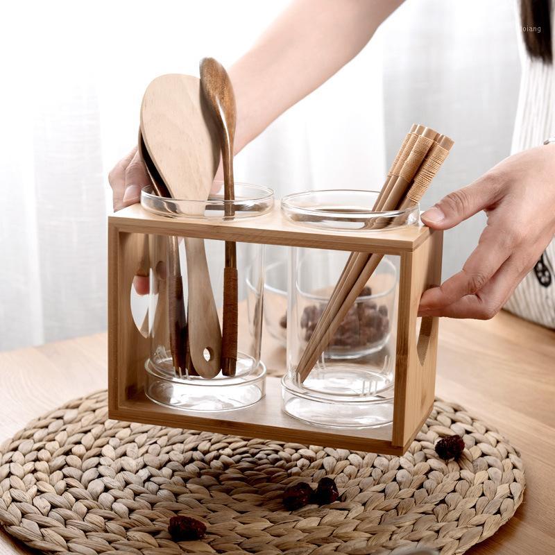 

Kitchen Organizer Glass Chopsticks Box with Wooden Hoder Home Chopsticks Holder Japan Style Simple Spoon Fork Storage Pot1