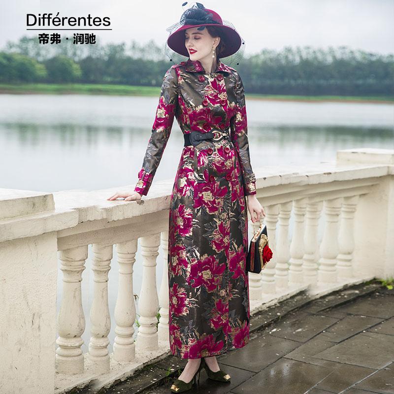 

DF Autumn Embroidery Flowers Long Coat Slim Designer Women Full Length Double Breasted Overcoat 9043, As pic