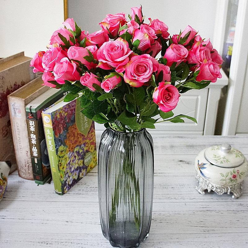 

5 Forks Silk Fake Flower Bouquet Real Floral Touch Artificial Rose Flowers Wedding Party Supply for Home Garden Decoration, Deep pink