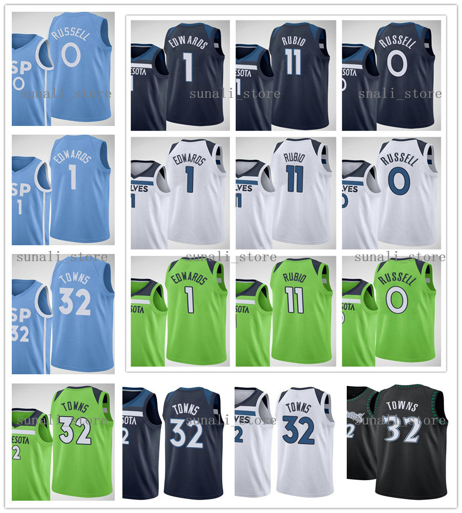 

2020-21 New Men Women Kids D'Angelo 0 Russell Karl-Anthony 32 Towns Ricky 11 Rubio Anthony 1 Edwards Jerseys Basketball Shirts, Blue
