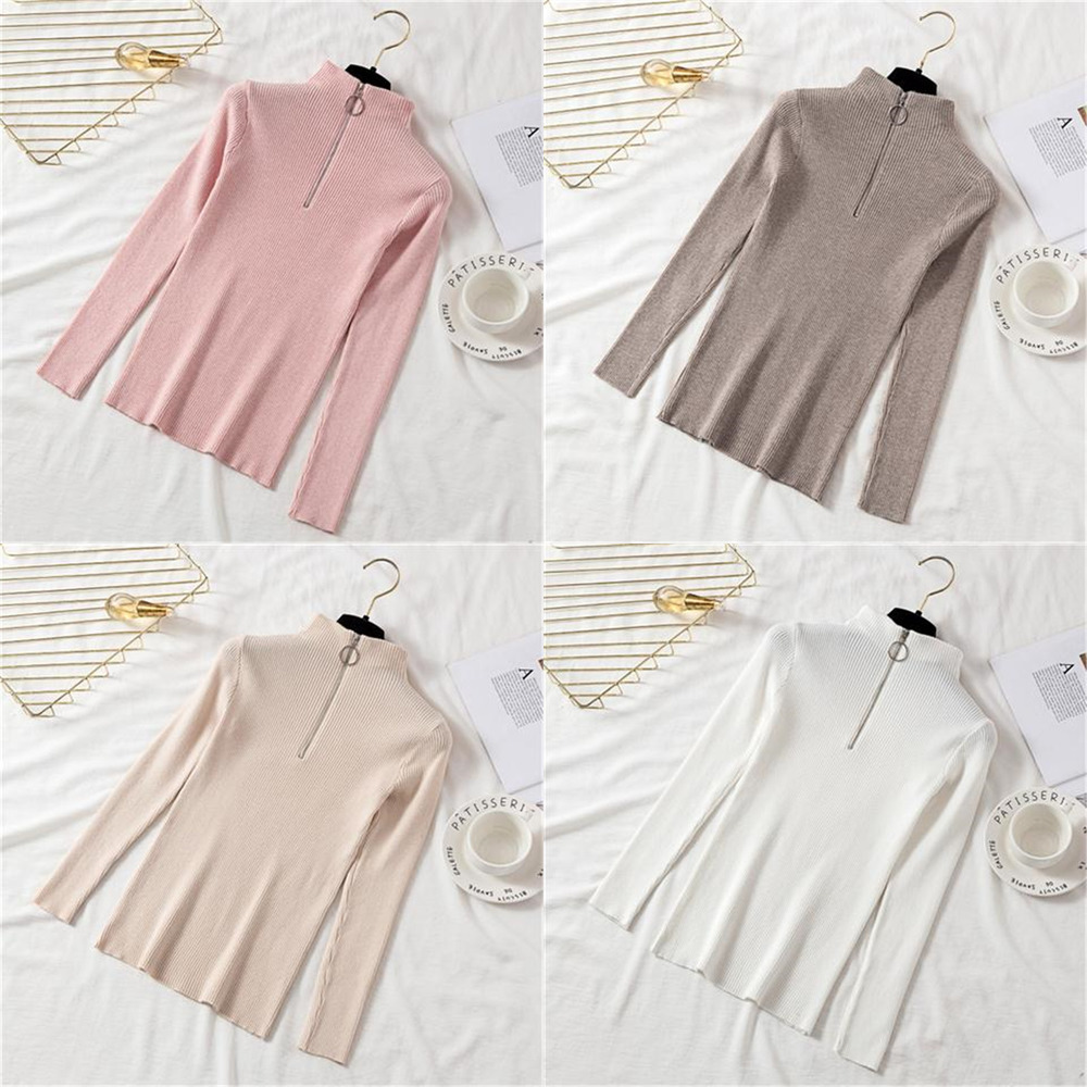 

S-XL Woman Sweater Autumn And Winter Short Zipper Turtleneck Sweater Long Sleeve Women Sweaters Pullovers Women Knitted Jacket W1217, White;black