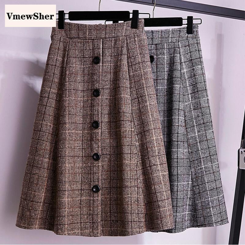 

VmewSher 3XL High Waist Elegant Skirt Women Plaid Single Breasted Casual Fall Winter Wool Knee Length A-line Skirts Plus Size, Gray