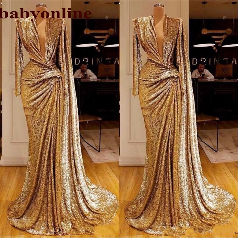 

Gold Sequined Prom Dresses Sexy Deep V-Neck Formal Evening Gowns Designed Saudi Arabic Robe De Soiree Formal Party Vestidos, Dark navy