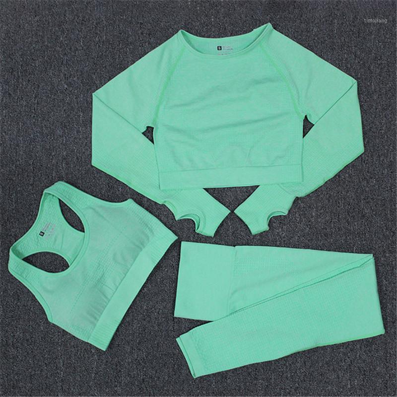 

Women 3pcs Seamless Yoga Set Sport Suit Gymwear Workout Clothes Long Sleeve Gym Crop Top High Waist Leggings Sports Suits1, Green